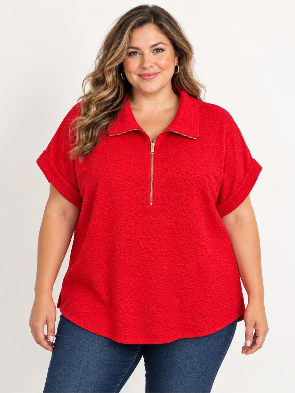 Dear Scarlett Yacht Club Red Floral Textured Half-Zip Top Size 1X